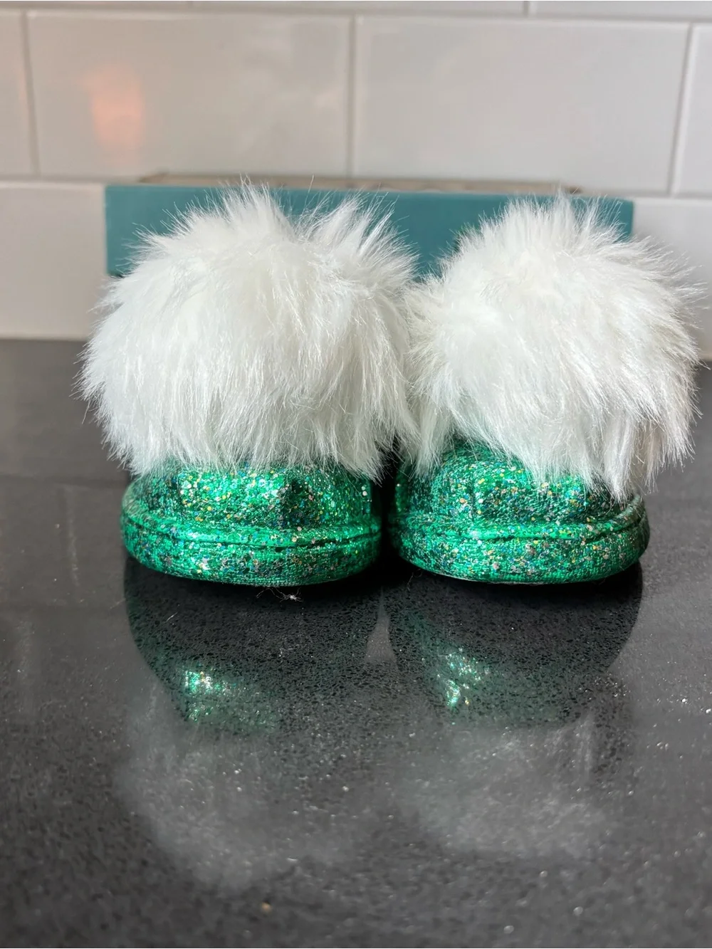 Toms Kids Green Glitter Slip-On Moccasins with White Pom